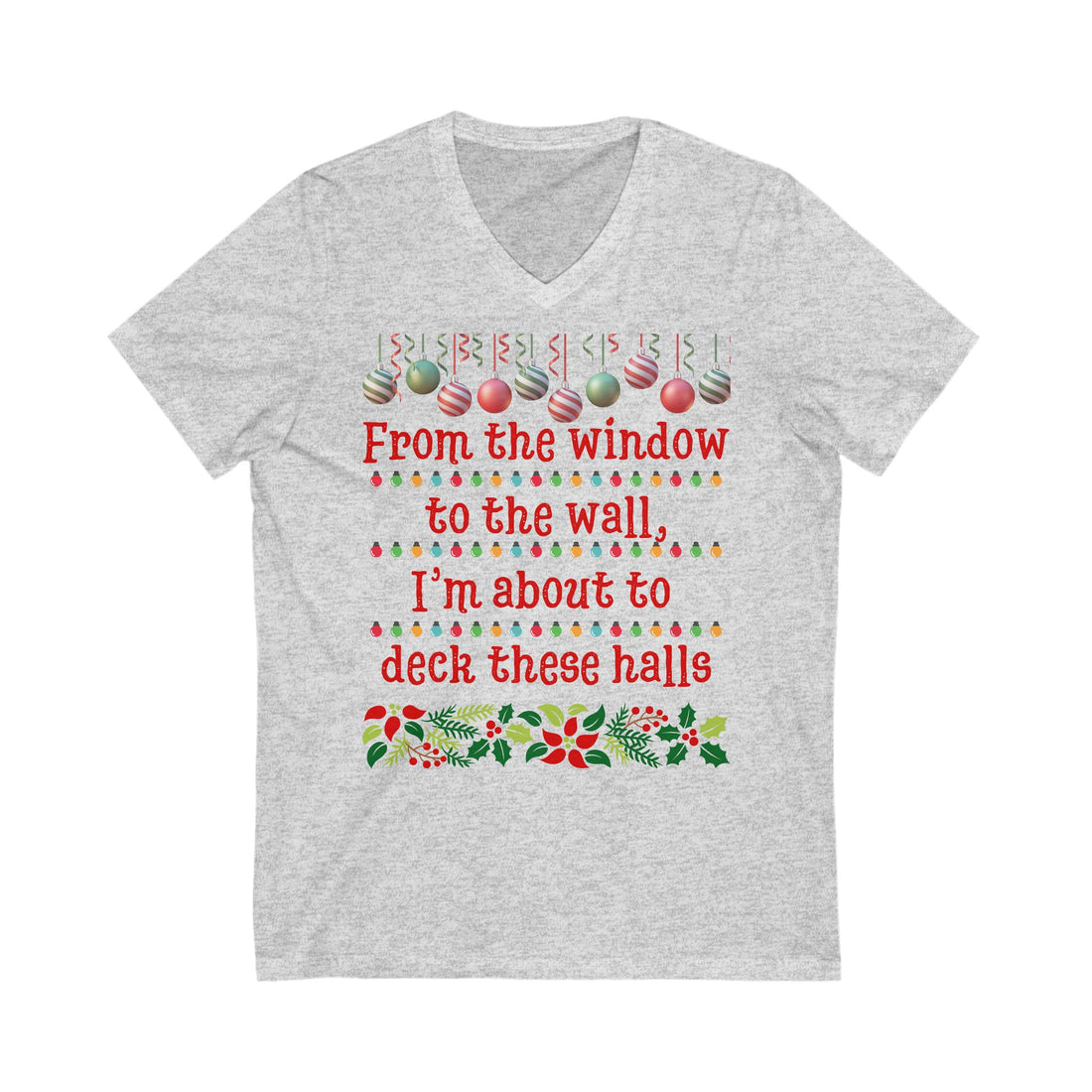 "Deck These Halls" Christmas Graphic Jersey Short Sleeve V-Neck Tee